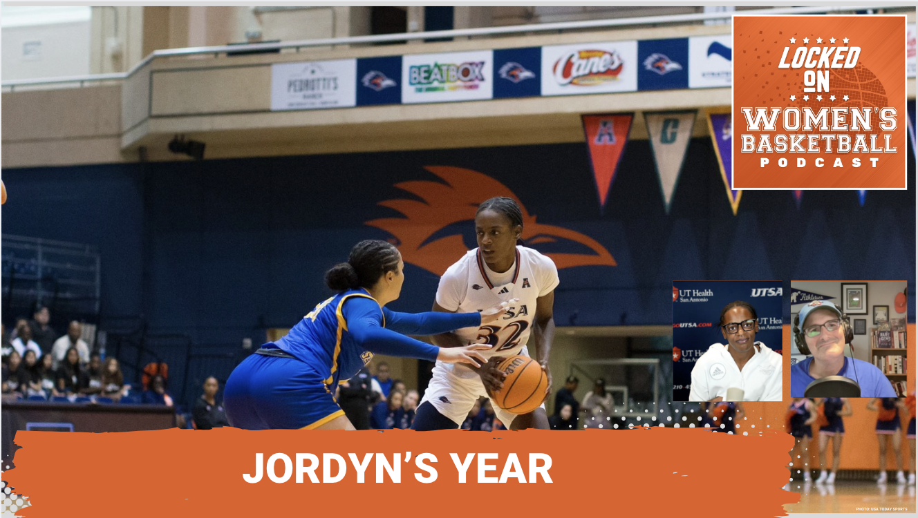 Thumbnail photo of UTSA forward Jordyn Jenkins handling the basketball against a defender above the text "Jordyn's Year"